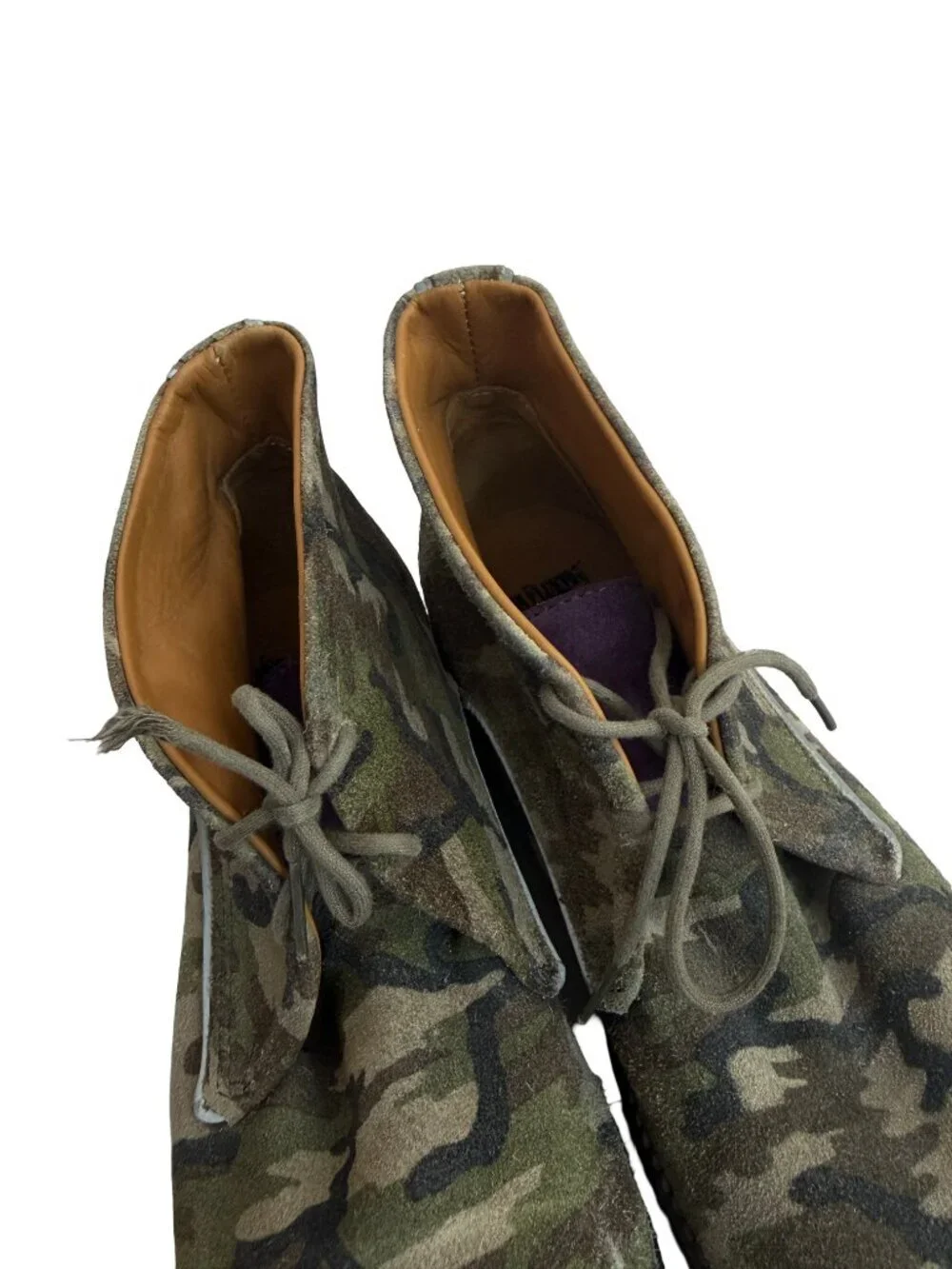 John Fluevog Willy Camo Suede Chukka Boots Lace-Up Purple Tongue Size 10.5 US